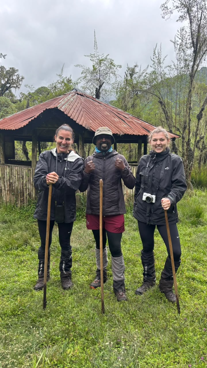Guests with wooden trekking poles setting off on a gorilla trek in Rwanda